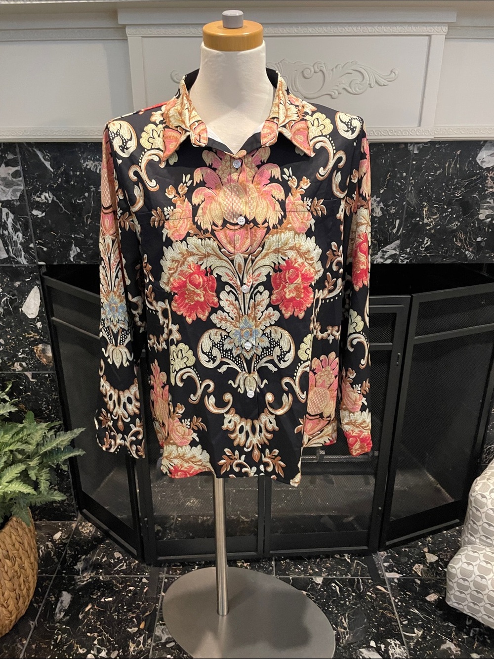 Black Floral Print Men's Button-Up Shirt - Elegant Statement Shirt